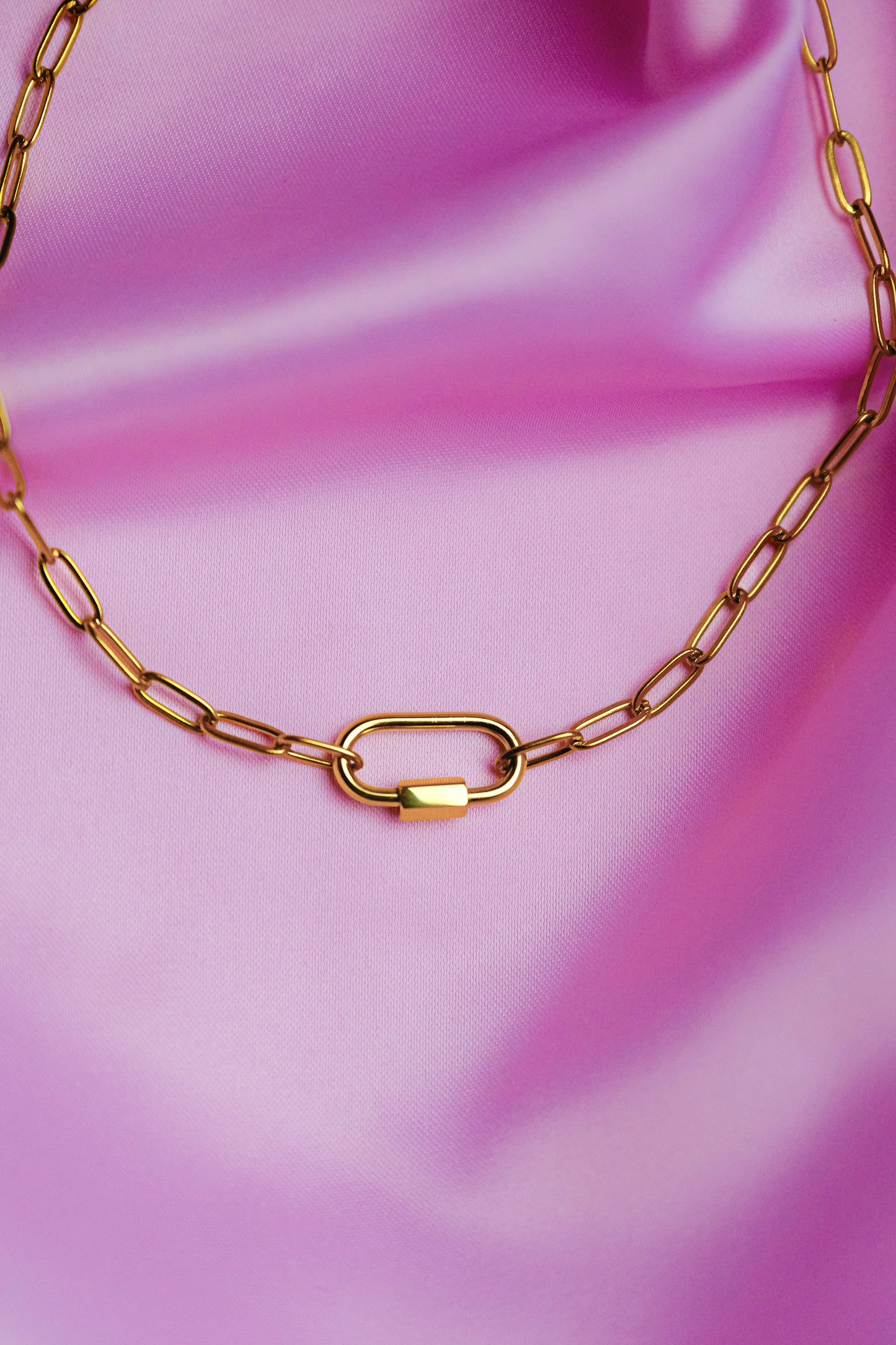 Gold carabiner with delicate paperclip chain necklace in 304 stainless steel