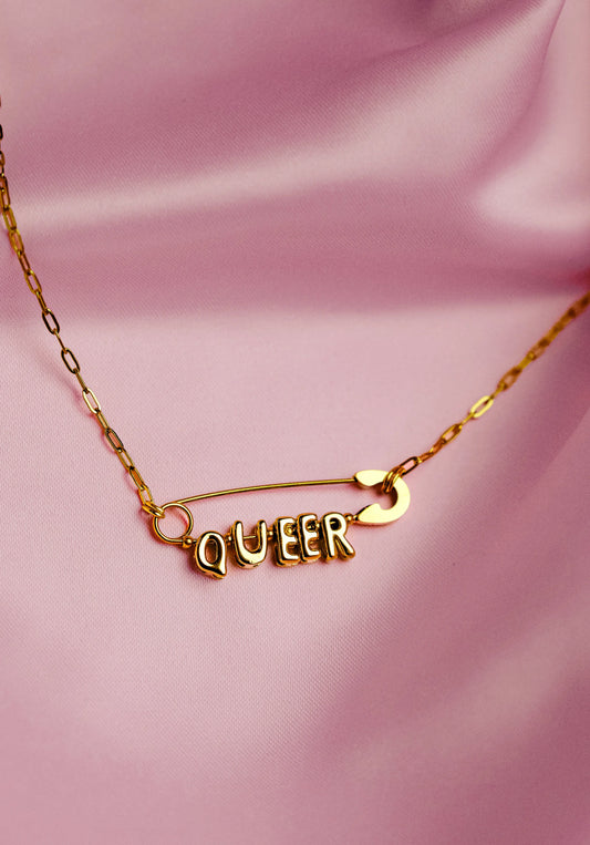 Queer safety pin necklace, gold plated stainless steel Leftbians