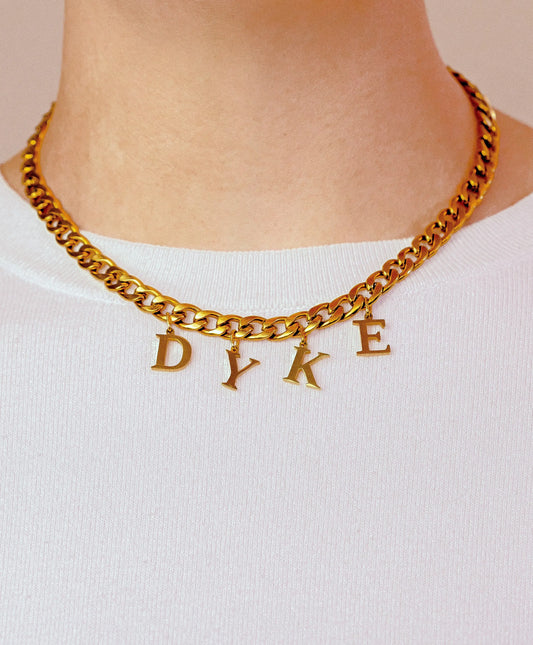 Gold DYKE letter charm chain in 304 stainless steel Leftbians