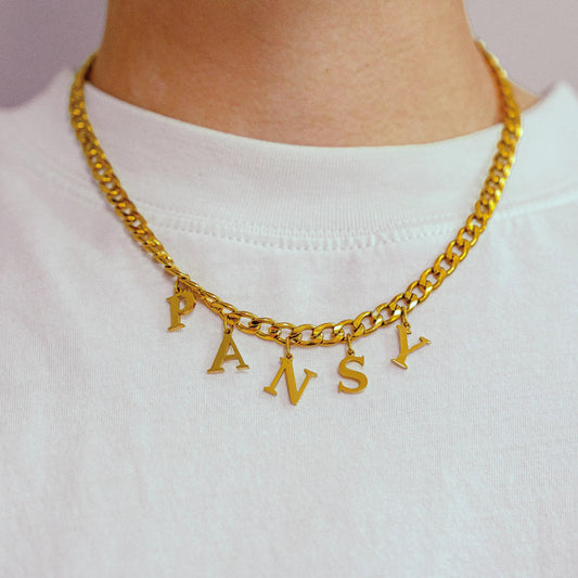 Gold PANSY letter charm chain in 304 stainless steel Leftbians