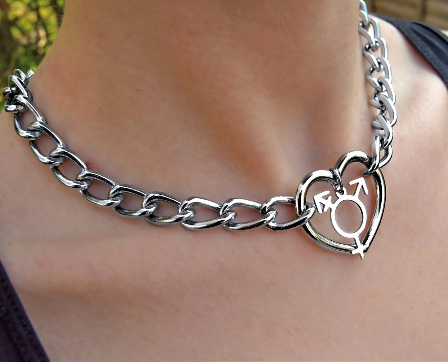 Heart O ring chain with transgender symbol on a chunky chain choker necklace Leftbians