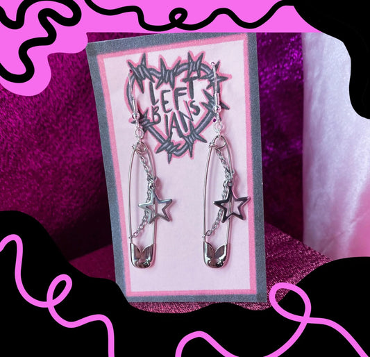 Safety pin with star charm earrings Leftbians