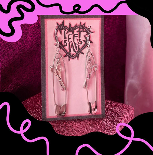 Safety pin earrings with scissor charms Leftbians