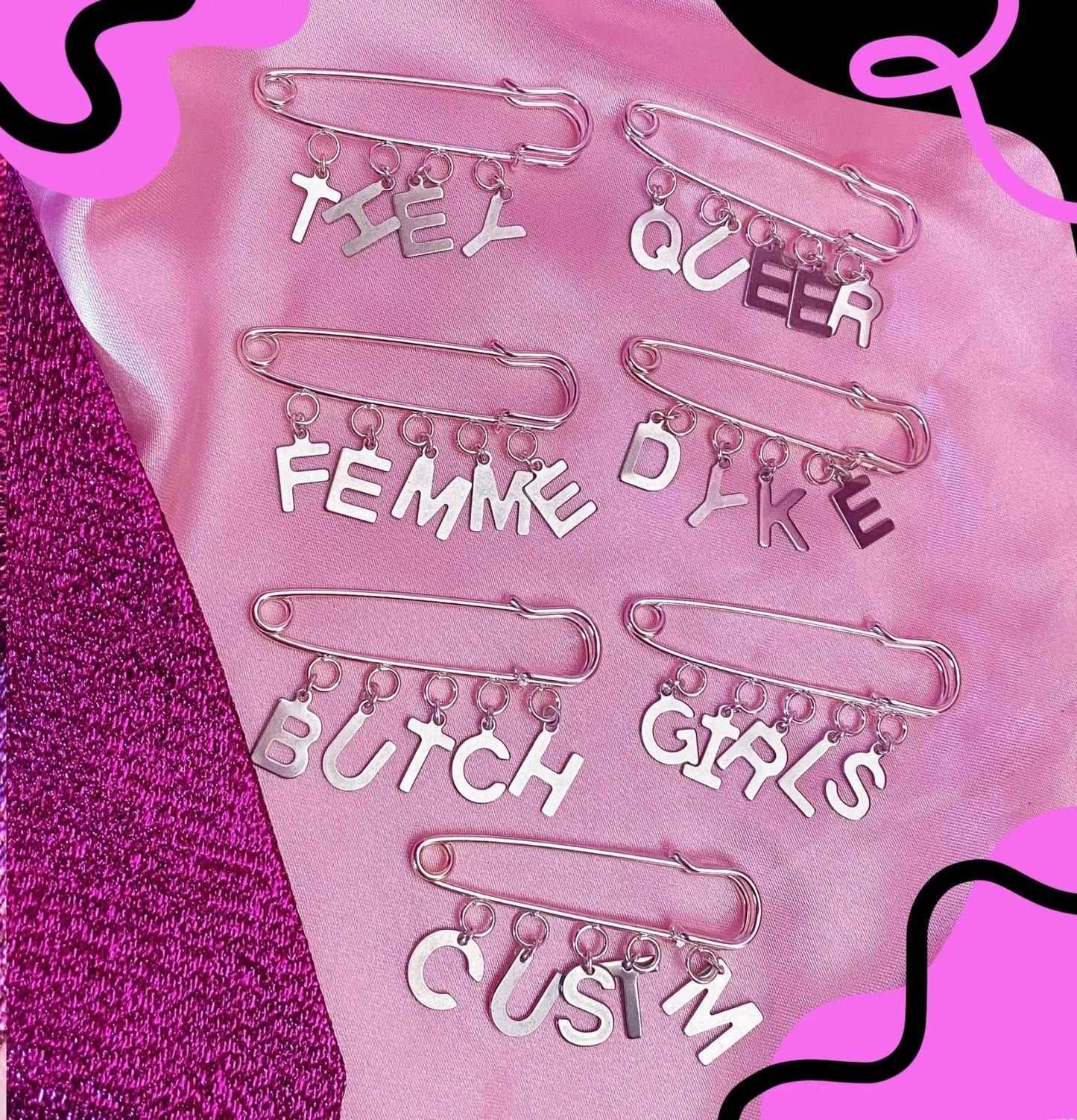 Safety pin custom word letter charm brooch Leftbians