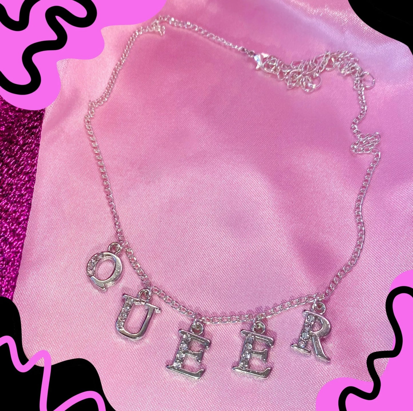 QUEER Diamanté silver letter sparkly necklace Leftbians