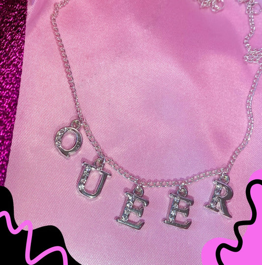 QUEER Diamanté silver letter sparkly necklace Leftbians
