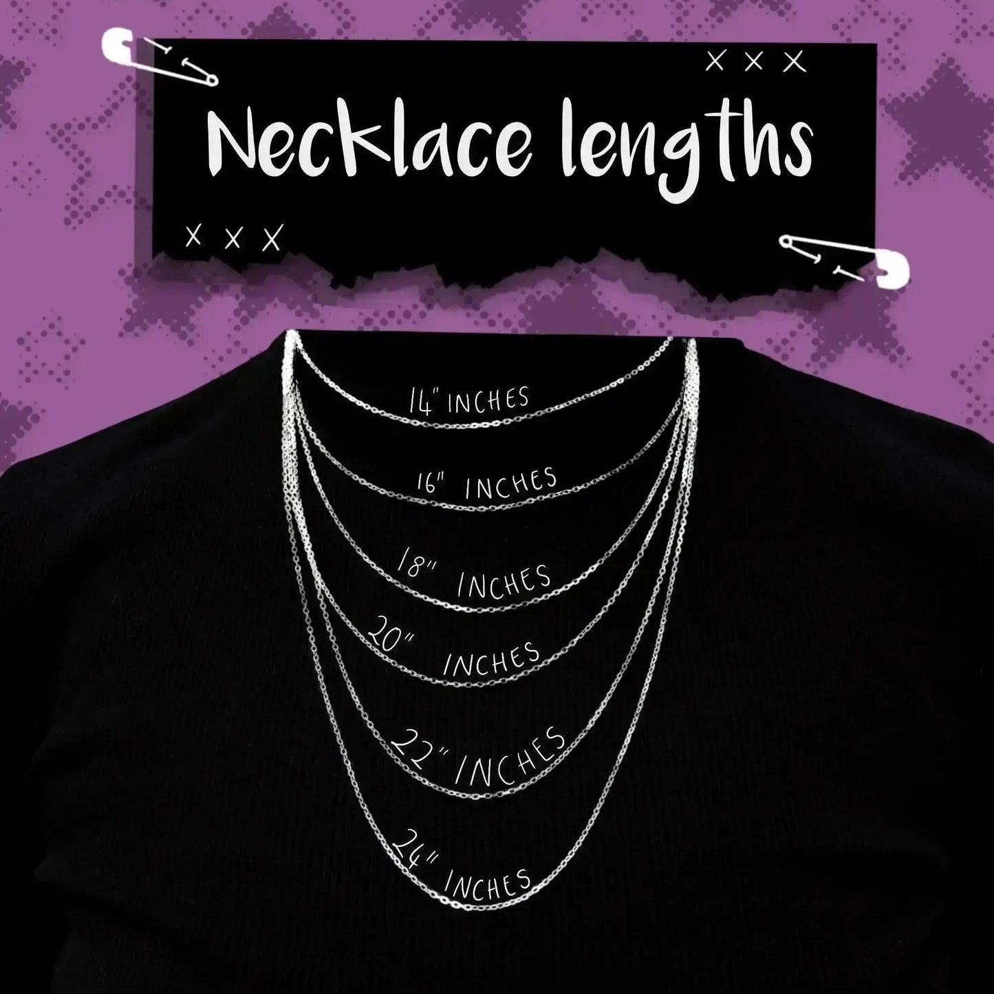 Necklace length guide from 14 to 22 inches