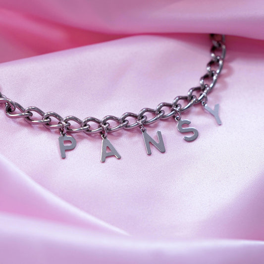 PANSY letter charm chain in stainless steel Leftbians