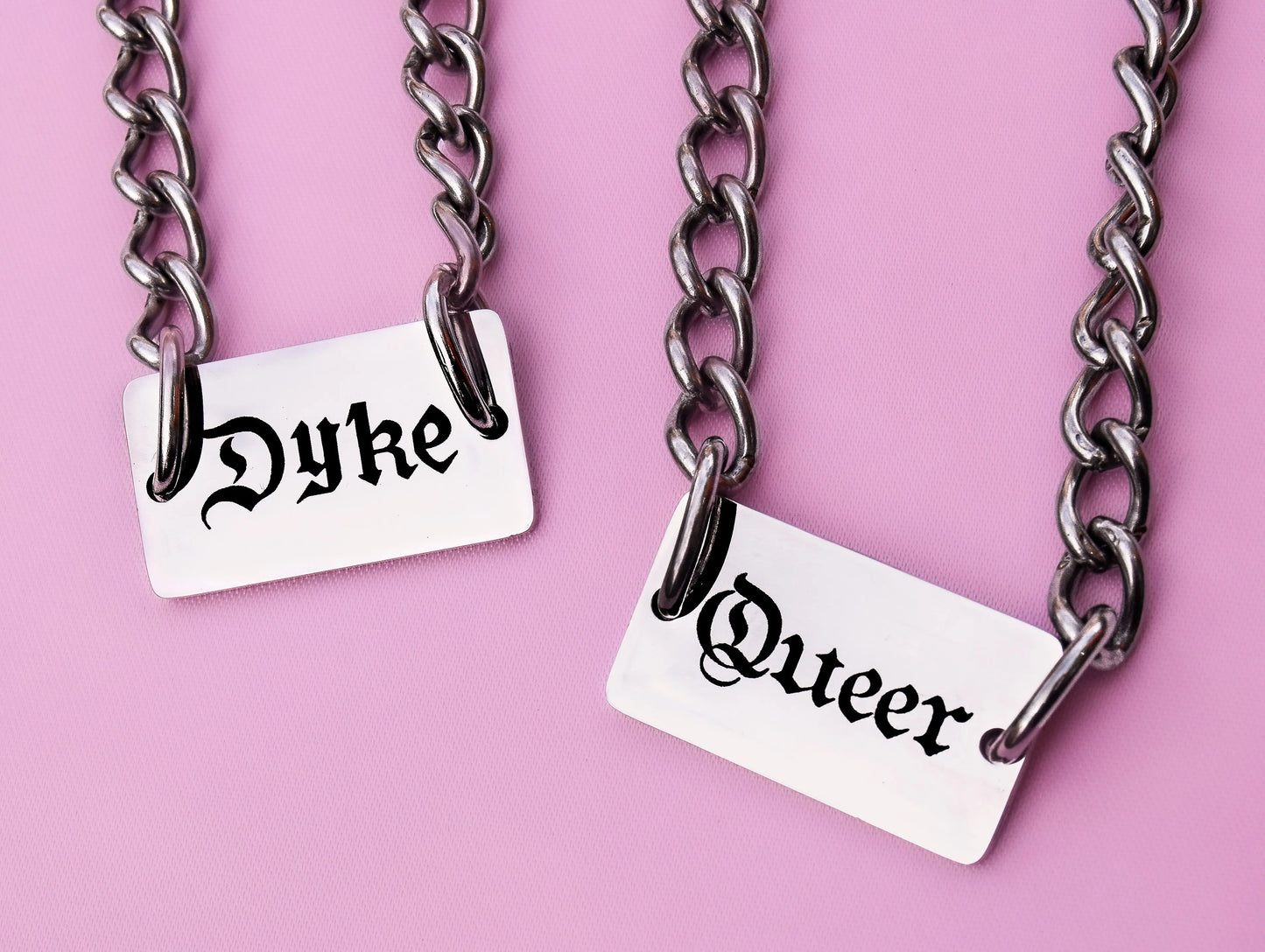 Queer gothic text chain necklace stainless steel Leftbians