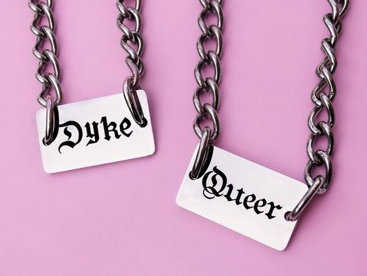 Dyke gothic text chain necklace stainless steel Leftbians