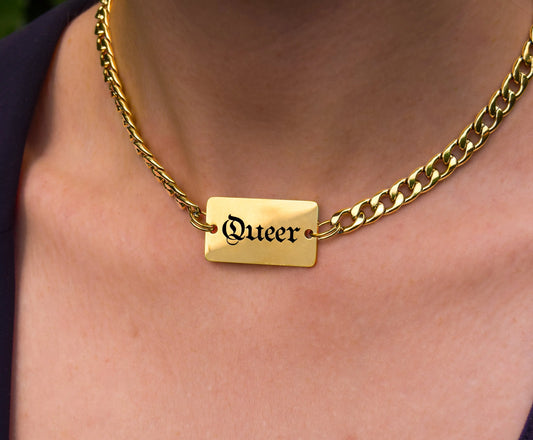 Queer gothic text chain necklace in gold stainless steel Leftbians