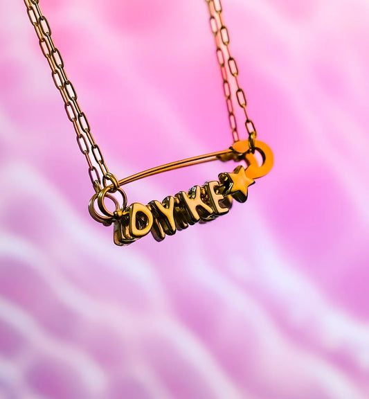 Dyke safety pin necklace, gold plated stainless steel Leftbians