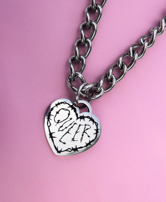 Queer barbed wire heart chain necklace stainless steel Leftbians