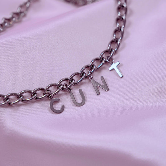 CUNT letter charm chain in stainless steel Leftbians