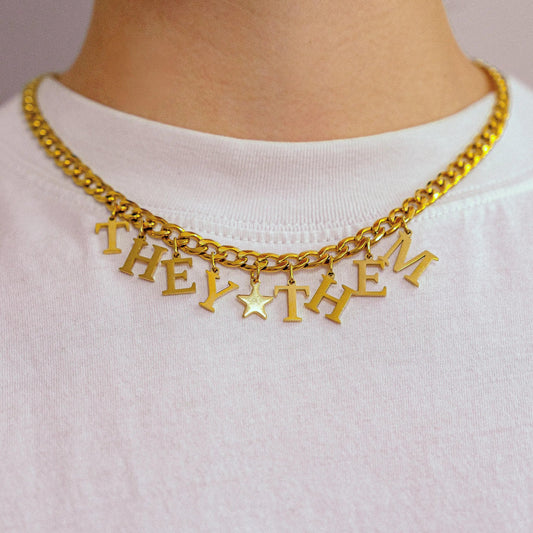 Gold They Them letter charm chain in 304 stainless steel Leftbians