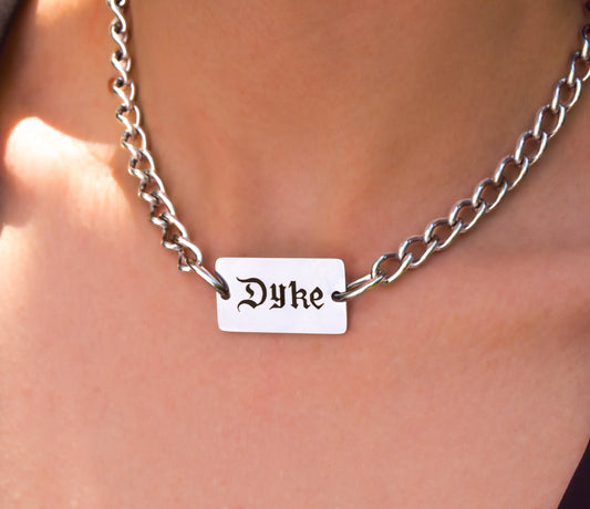 Dyke gothic text chain necklace stainless steel Leftbians