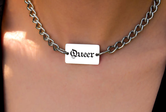 Queer gothic text chain necklace stainless steel Leftbians