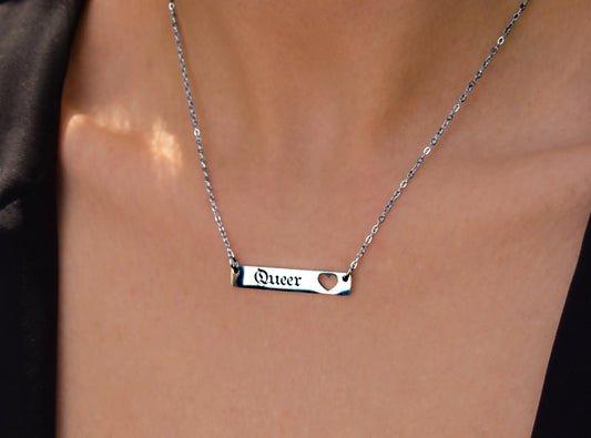 Queer gothic text on bar pendant necklace, stainless steel Leftbians
