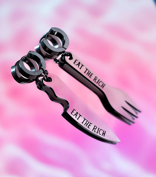 Eat The Rich knife and fork stainless steel earrings Leftbians