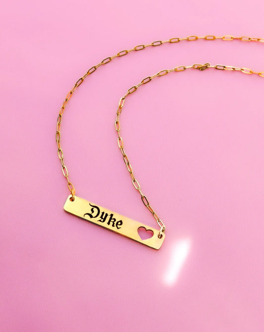 Dyke gothic text on bar pendant necklace gold stainless steel Leftbians