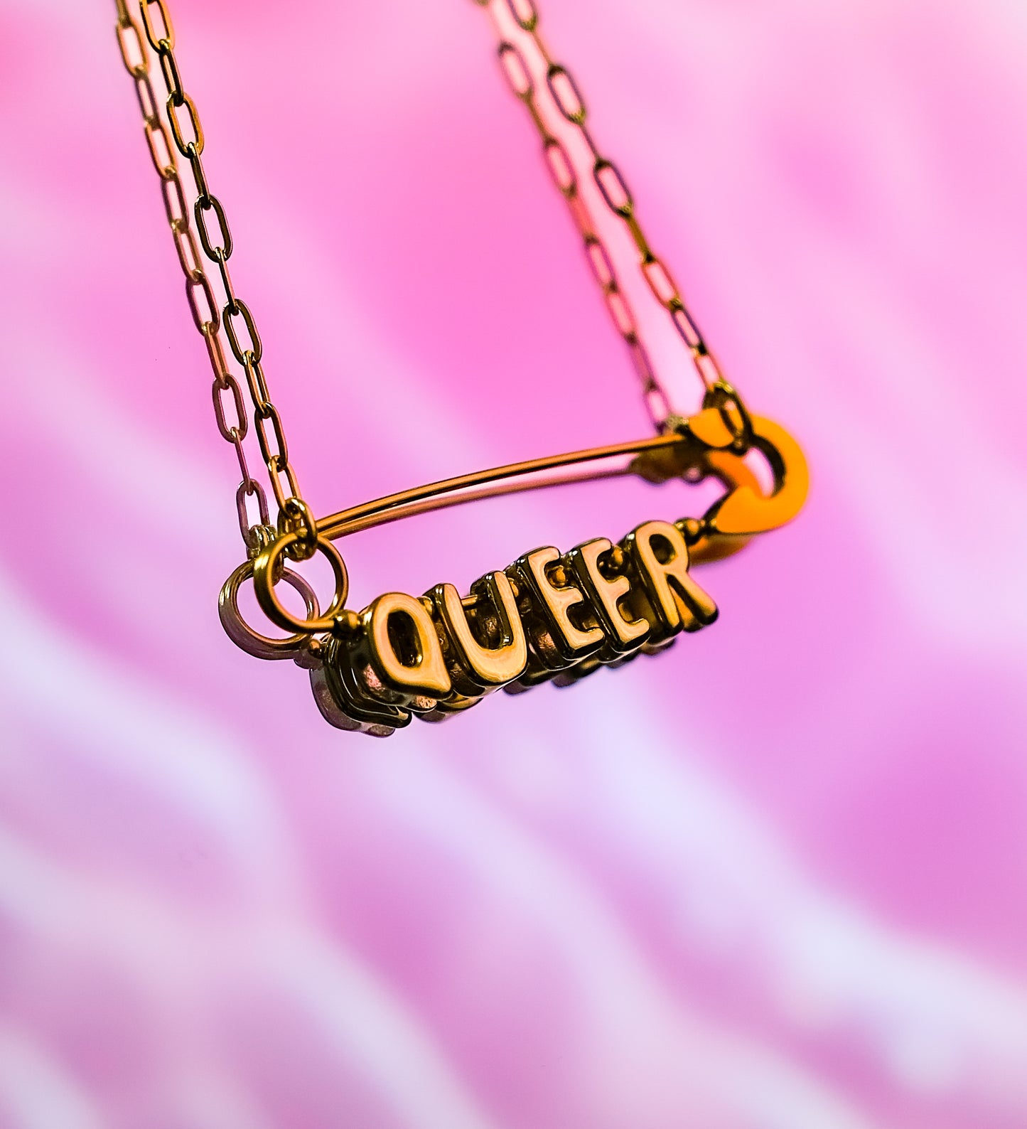 Queer safety pin necklace, gold plated stainless steel