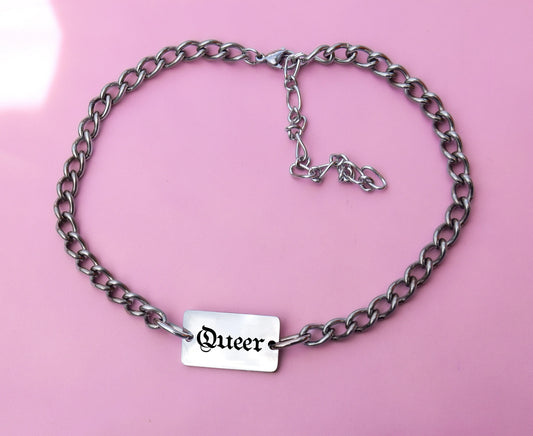 Queer gothic text chain necklace stainless steel Leftbians