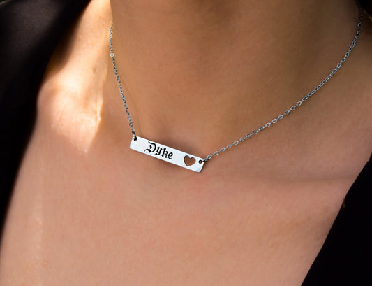 Dyke gothic text on bar pendant necklace, stainless steel Leftbians