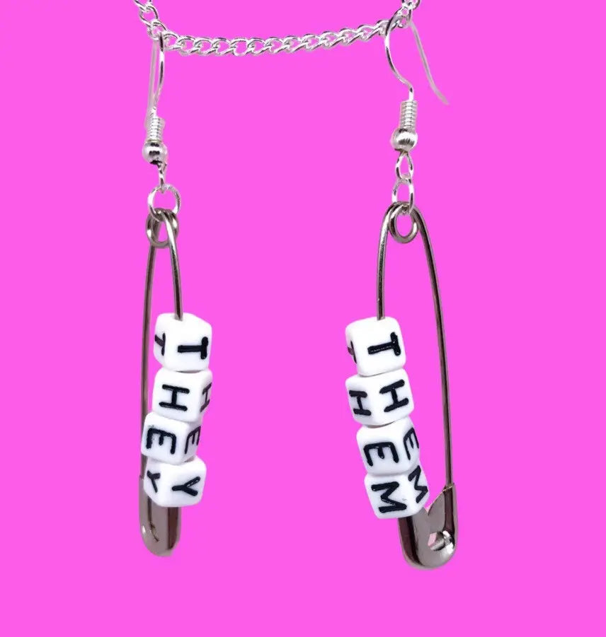 They Them pronoun safety pin earrings Leftbians