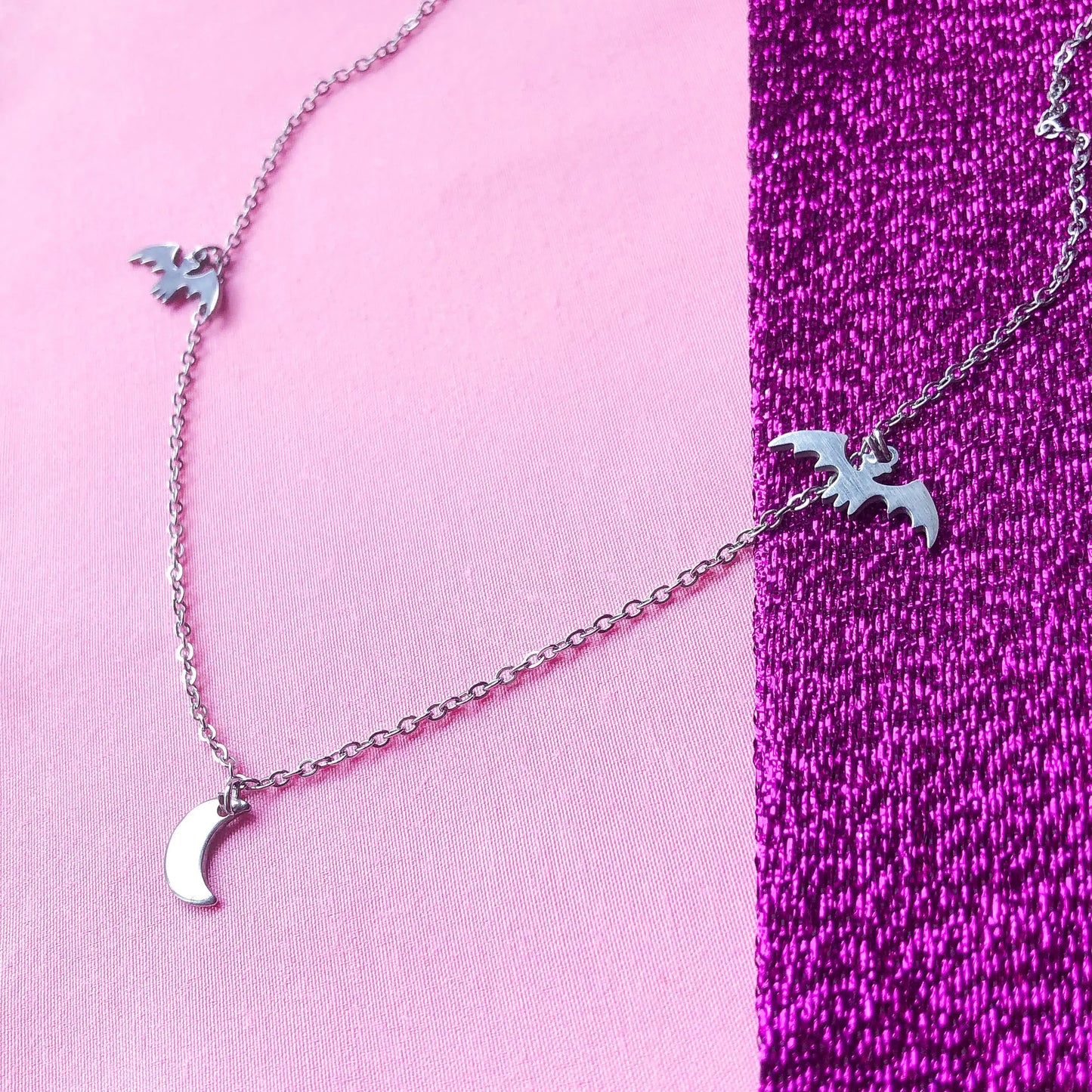 Bat and moon charm necklace, 100% stainless steel Leftbians