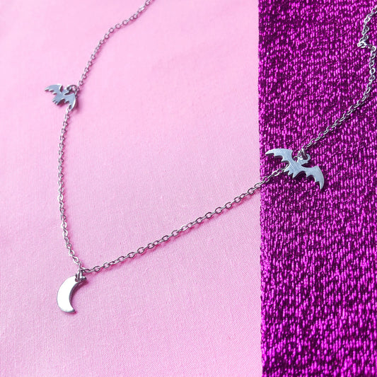 Bat and moon charm necklace, 100% stainless steel Leftbians
