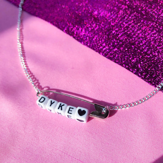 Customisable safety pin word letter block necklace Leftbians