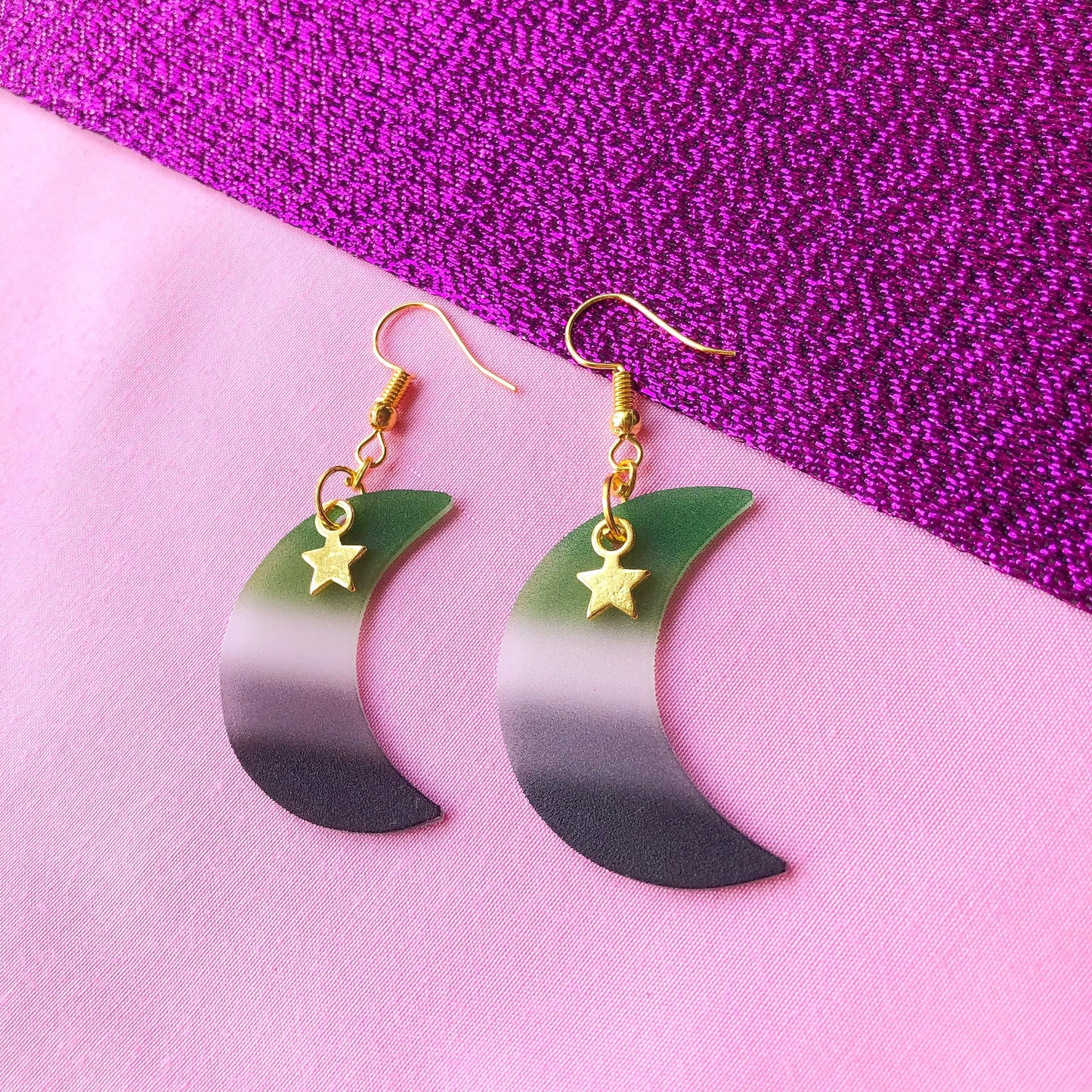 Aromantic flag crescent moon earrings Leftbians