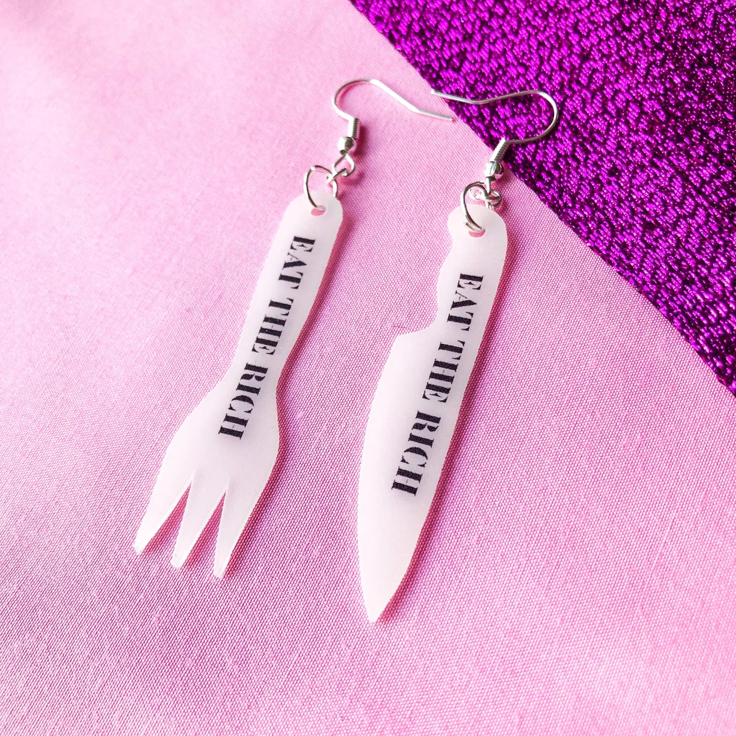 EAT THE RICH, knife and fork earrings Leftbians
