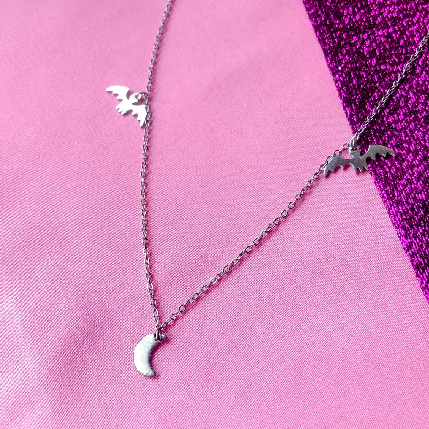 Bat and moon charm necklace, 100% stainless steel Leftbians