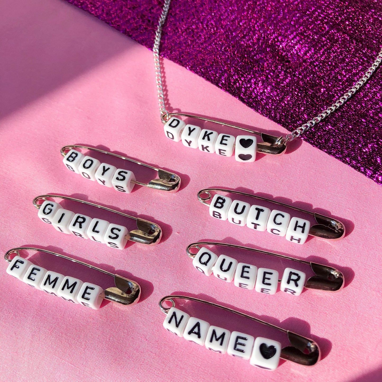 Customisable safety pin word letter block necklace Leftbians