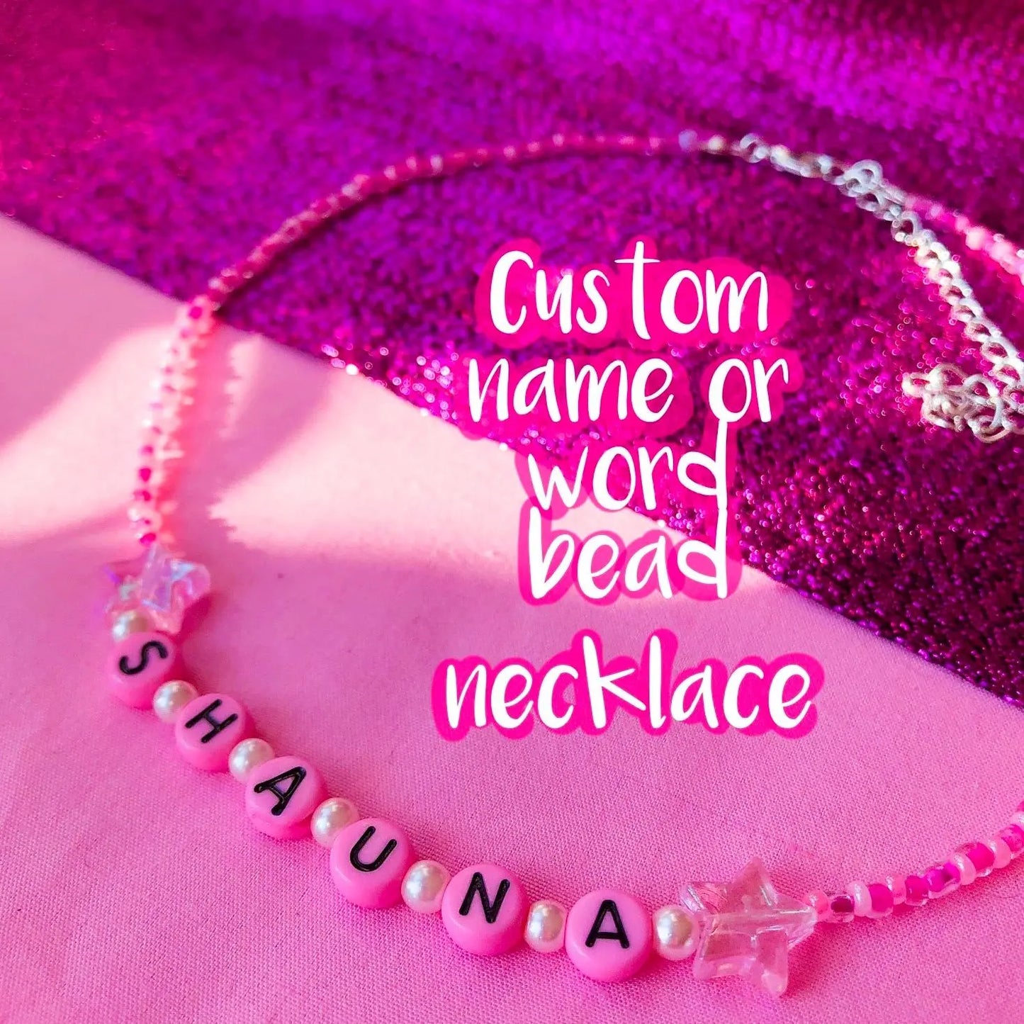 PINK custom name or word hand beaded necklace. Leftbians