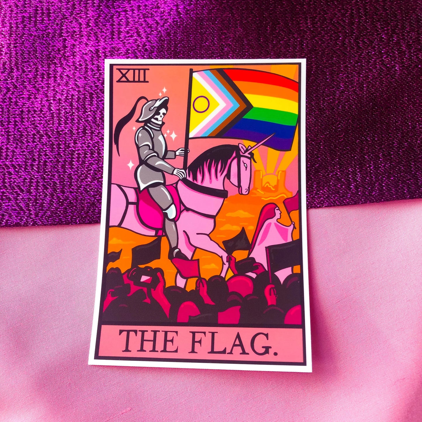 Progress pride flag tarot card sticker. Leftbians