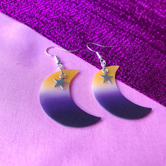 Non binary pride flag crescent moon earrings Leftbians