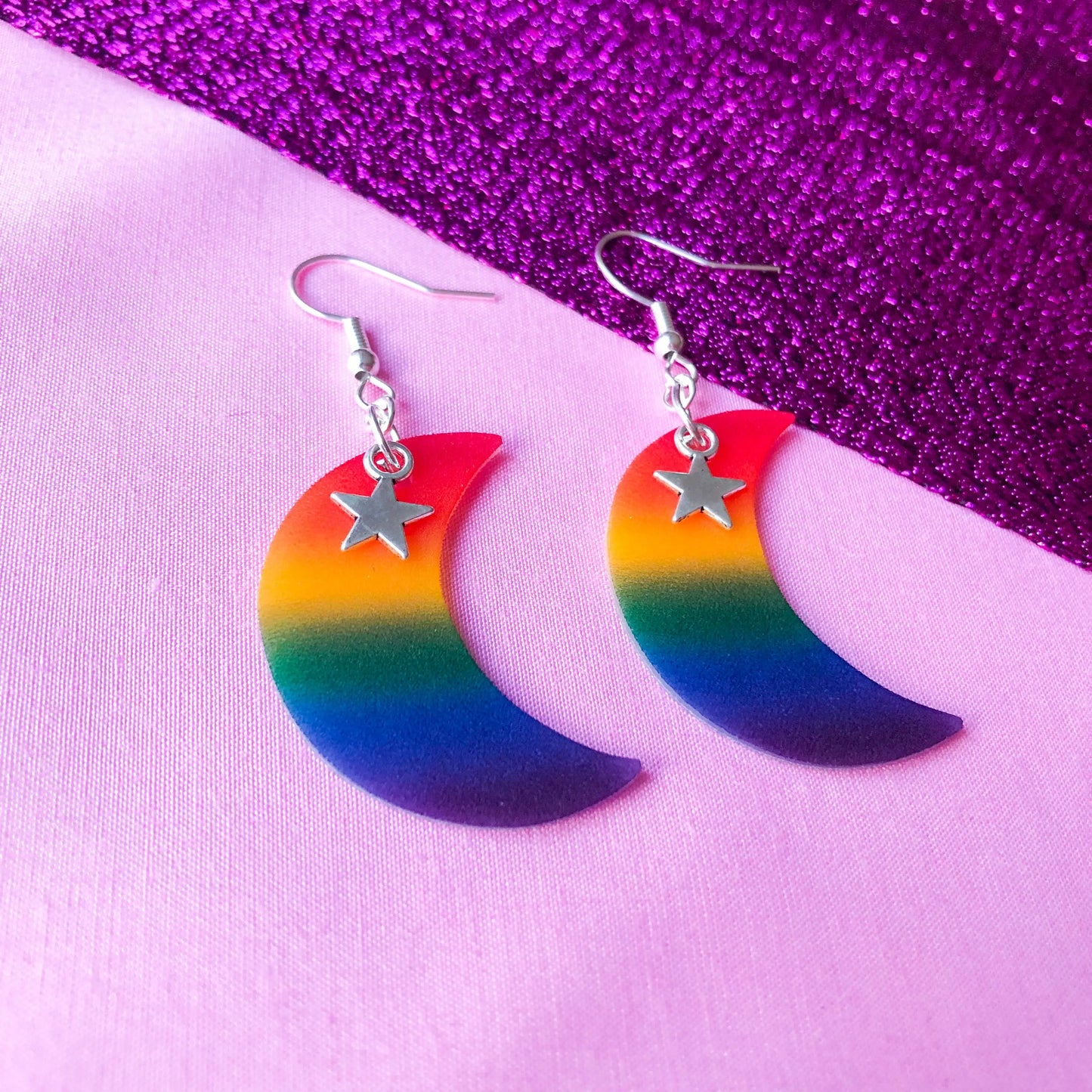 Rainbow gay pride flag crescent moon earrings Leftbians