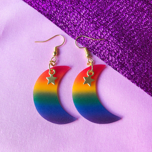 Rainbow gay pride flag crescent moon earrings Leftbians