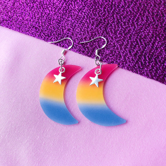 Pansexual flag crescent moon earrings Leftbians