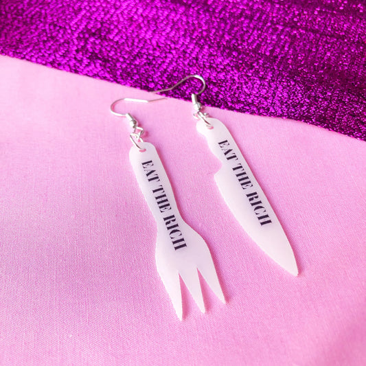 EAT THE RICH, knife and fork earrings Leftbians
