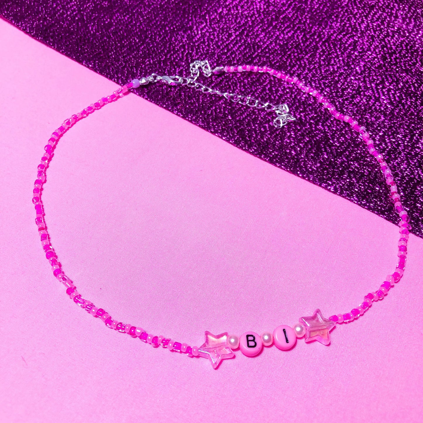 Pink “Bi” beaded necklace, Bisexual necklace. Leftbians