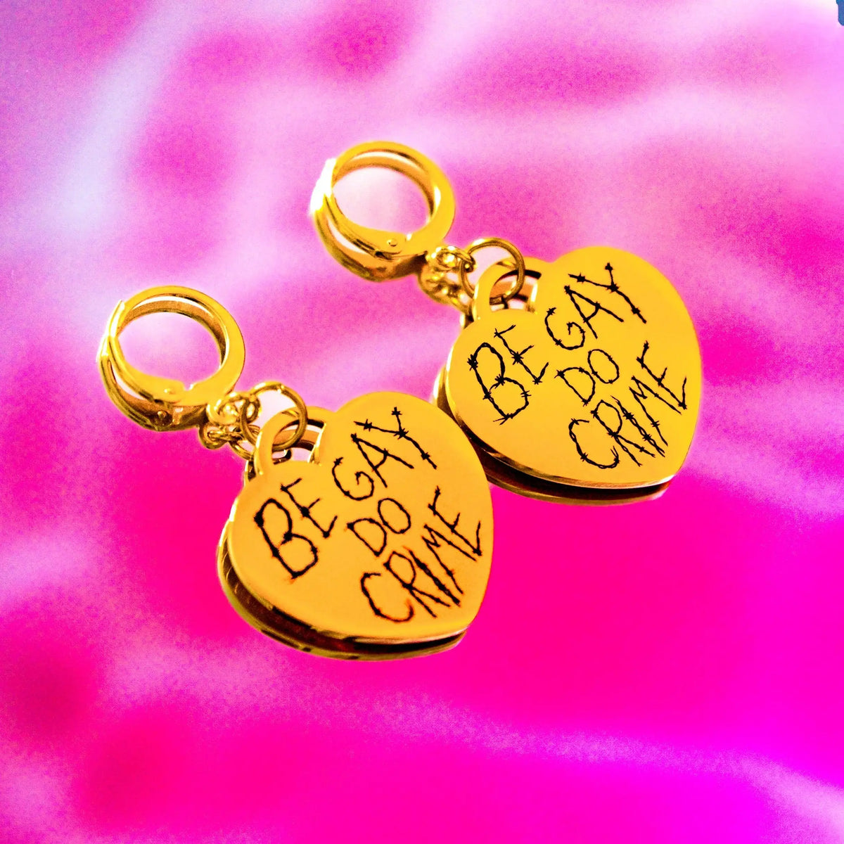 Gold Be Gay Do Crime Engraved Heart Earrings in 304 Stainless Steel Leftbians