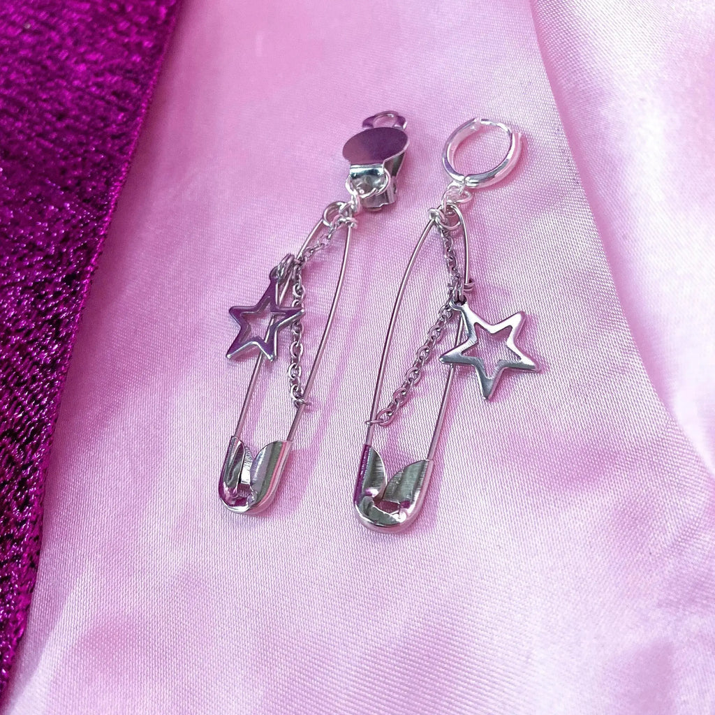 Safety pin with star charm earrings Leftbians