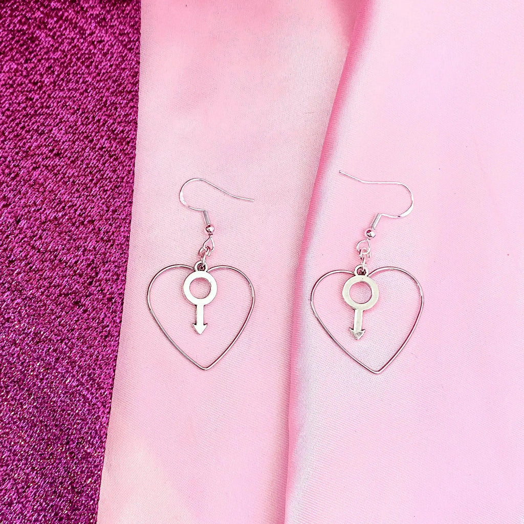 Silver colour heart and mars charm earrings Leftbians