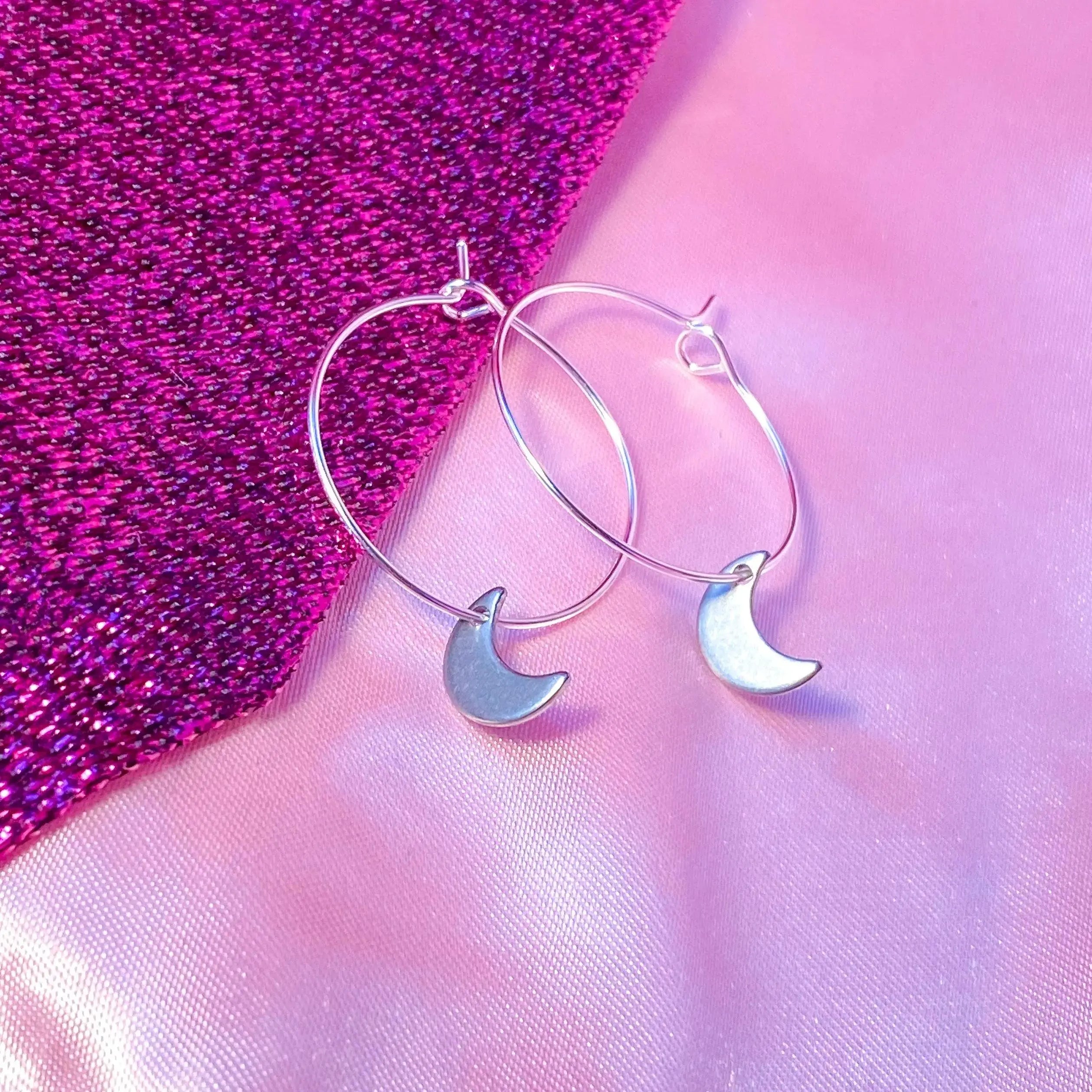 Silver moon charm hoop earrings, minimalist celestial earrings Leftbians