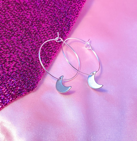 Silver moon charm hoop earrings, minimalist celestial earrings