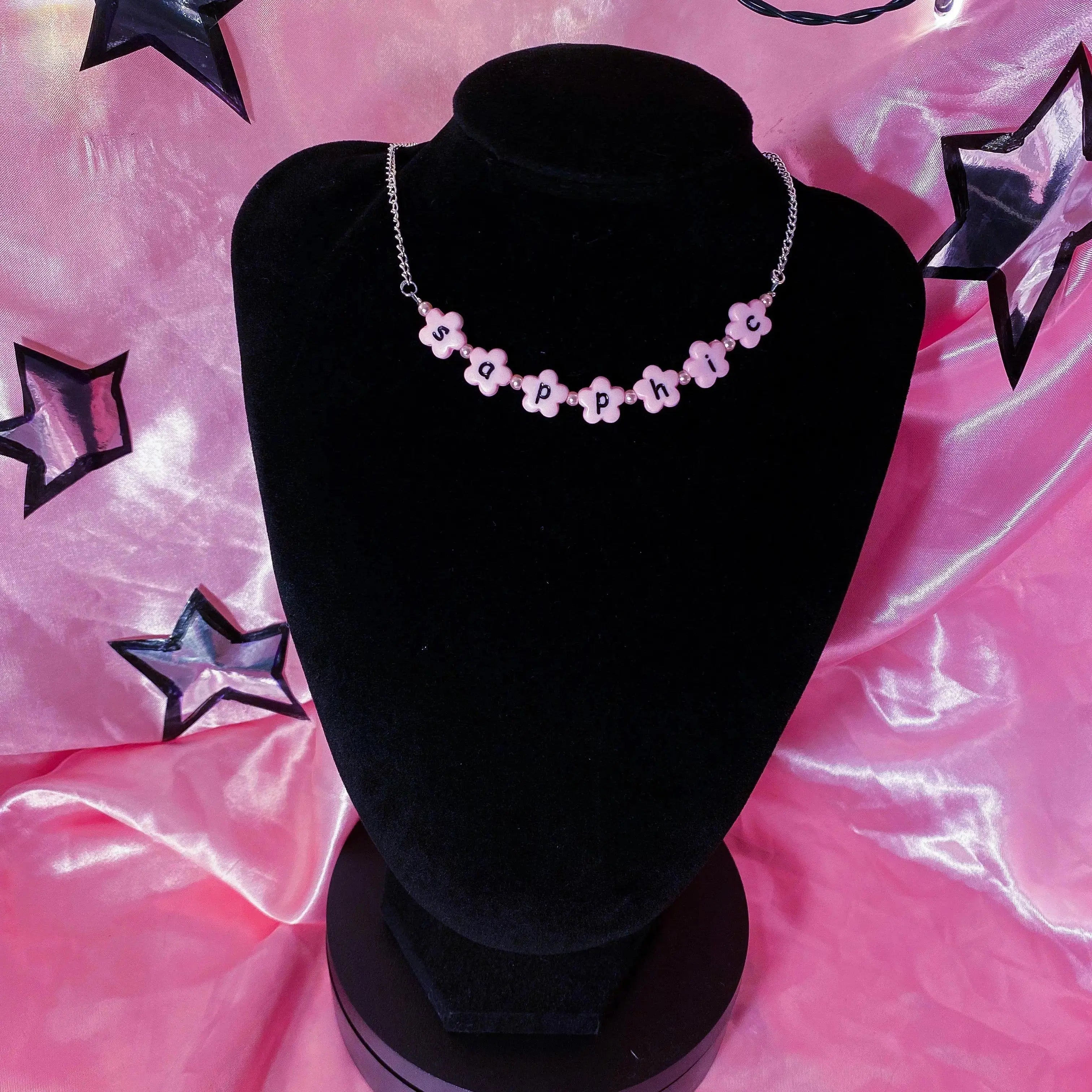 Pink sapphic flower shape letter bead necklace Leftbians