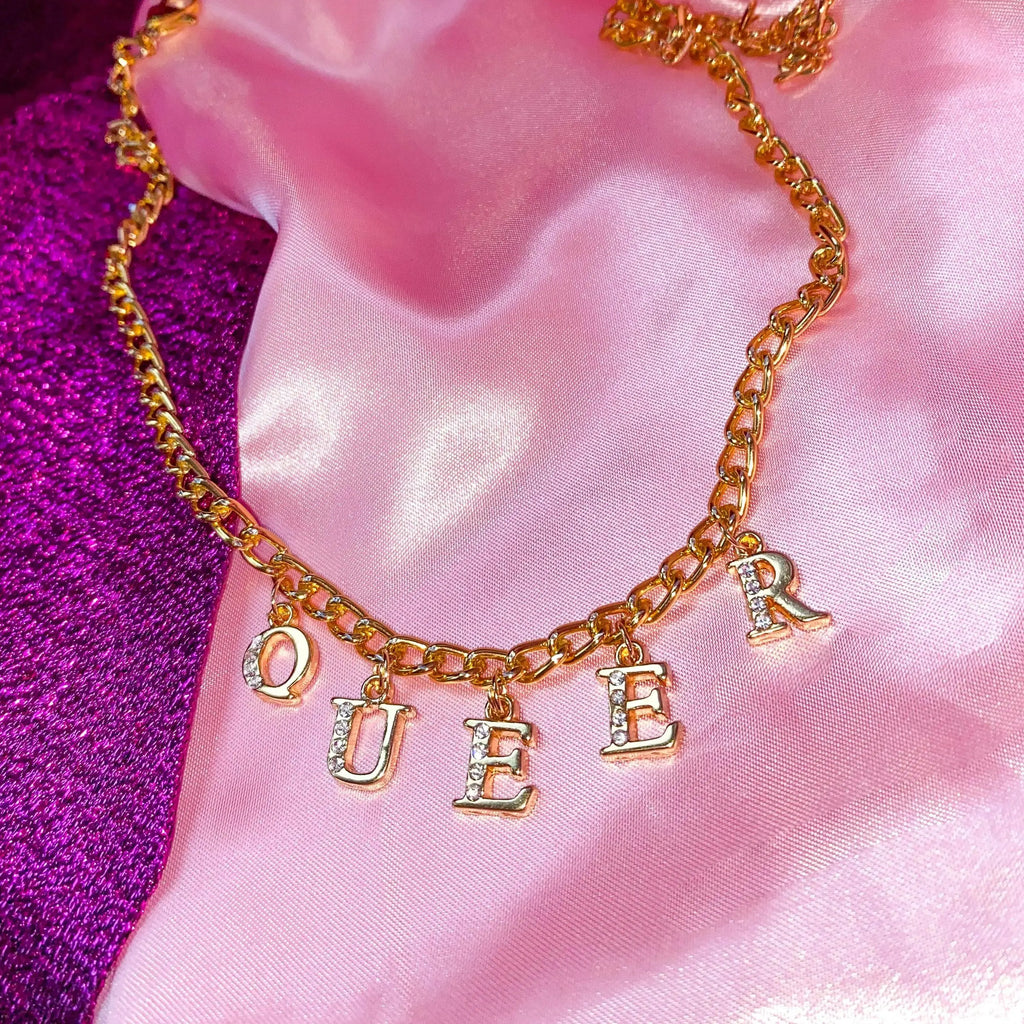 Diamanté QUEER gold colour letter charm necklace Leftbians